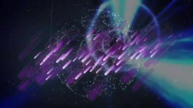 Titreşen daireler ve bağlantıları olan dünya üzerindeki mor şekillerin animasyonu. küresel ağ, bağlantılar, veri ve teknoloji konsepti dijital olarak oluşturulmuş video.