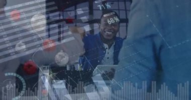 Animation of statistics and data processing over diverse business people shaking hands. global data processing and business concept digitally generated video.