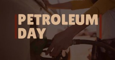 El yakıtlı arabanın üzerinde petrol günü metni animasyonu. Ulusal petrol günü ve dijital olarak üretilen video konsepti.