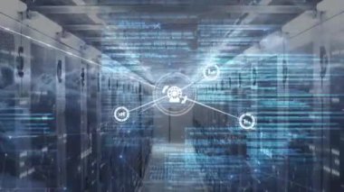 Veri işleme üzerinden sunucu odasının animasyonu. küresel iş ve dijital arayüz kavramı dijital olarak oluşturulmuş video.