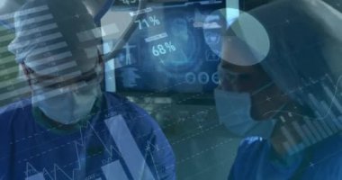 Animation of data processing over diverse female surgeons during surgery. global medicine and digital interface concept digitally generated video.