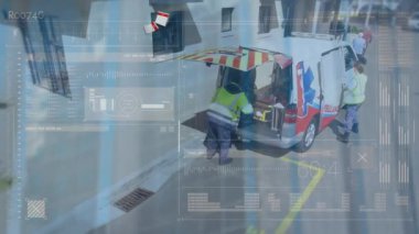 Sağlık görevlileri ve ambulans üzerinden finansal verilerin animasyonu. Ekonomi, finans ve sağlık konsepti dijital olarak oluşturulmuş video.