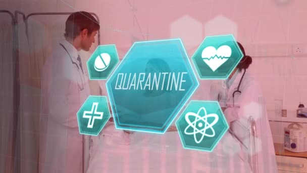 Animación Cuarentena Iconos Sobre Médicos Pacientes Caucásicos Mundial Covid Pandemia — Vídeo de stock