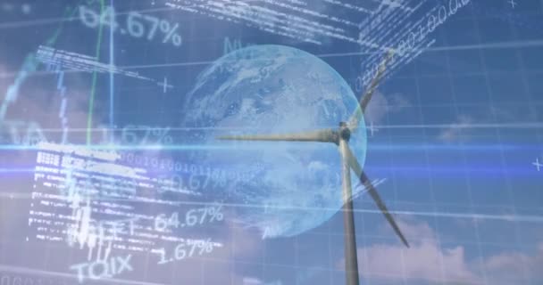 在地球和风力涡轮机上激活财务数据处理二进制编码 全球环境 可持续性和金融概念数码视频 — 图库视频影像