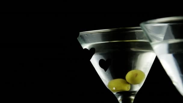 Animation Hearts Floating Glasses Martini Black Background Party Drinks Celebration — Stockvideo