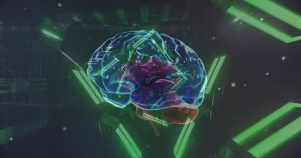 Animation Neon Lights Rotating Brain Black Background Science Technology Concept — Stockvideo