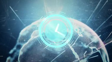 Animation of connections and clock moving over rotating globe. global network, connections, data and technology concept digitally generated video.
