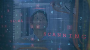 Animation of cyber attack text and data processing over caucasian male it technician by server. global online security, digital interface and data processing concept digitally generated video.