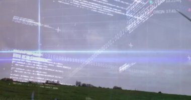 Rüzgar türbininin üzerindeki finansal grafiklerin animasyonu. yeşil enerji, eko gücü, finans ve teknoloji konsepti dijital olarak oluşturulmuş video.