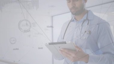 Animation of network of connections over biracial male doctor using tablet. global medicine, healthcare services, research and networks concept digitally generated video.
