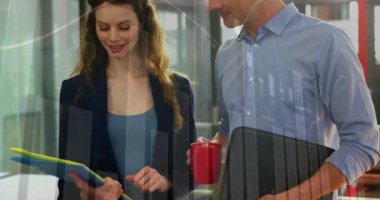 Animation of data processing over caucasian business people talking. global business and digital interface concept digitally generated video.
