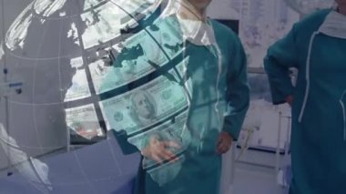 Kafkas doktorların üzerinde dünyanın animasyonu. Küresel tıp, teknoloji, veri işleme ve dijital arayüz kavramı dijital olarak oluşturulmuş video.