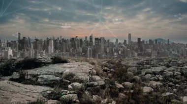 Şehir manzarasına karşı yüzen bağlantılar ve çoklu profil simgeleri ağı. küresel ağ ve iş teknolojisi kavramı