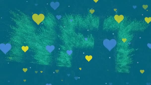 Animacja Niebieskich Żółtych Serc Nad Tekstem Nft Niebieskim Tle Globalna — Wideo stockowe