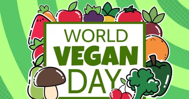 World Vegan Day Text Banner Multiple Vegetables Icons Green Spiral — Stockvideo