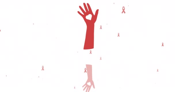 Animacja Dłoni Ikonami Wstążek Serca Raka Białym Tle Międzynarodowy Dzień — Wideo stockowe