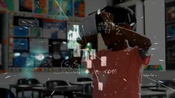 Animation Mathematical Equations African American Schoolboy Using Headset Global Education — 图库视频影像