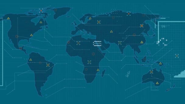 Mavi Arka Planda Dünya Haritasında Insanların Portreleriyle Veri Işleme Animasyonu — Stok video