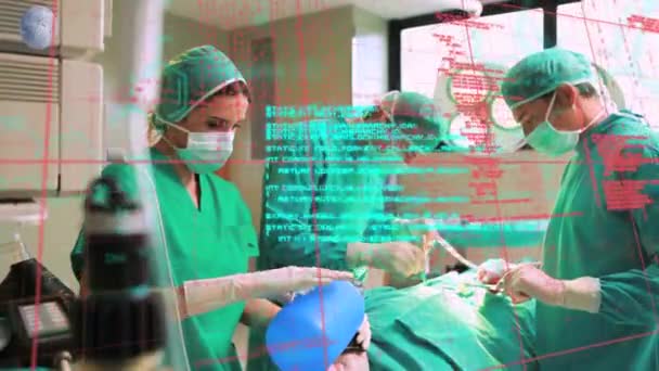 Animación Del Procesamiento Datos Sobre Diversos Cirujanos Quirófano Medicina Global — Vídeos de Stock