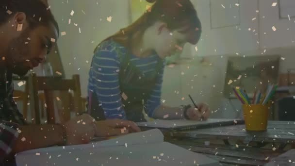 Animation Falling Confetti Πάνω Από Διάφορες Ομάδες Ανθρώπων Τάξη Τέχνης — Αρχείο Βίντεο