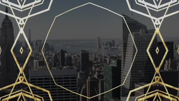 Animation Gold Shapes Cityscape Business Finance Connections Technology Digital Interface — Vídeos de Stock