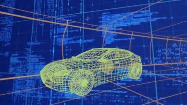 Veri işleme sisteminde 3D araba çizimi animasyonu. global otomobil mühendisliği, tasarım ve veri işleme kavramı dijital olarak oluşturulmuş video.