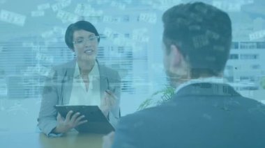 Animation of dollars falling over diverse businesswoman and businessman talking. business, finance and economy concept digitally generated video.