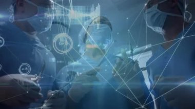 Hastanede operasyon yapan bir grup cerrah üzerinden bağlantı ve veri işleme ağı. tıbbi araştırma ve bilim teknolojisi kavramı