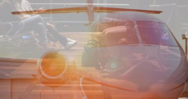 Uçakla havaalanında bekleyen çeşitli insanların animasyonu. Ulaşım, uçak ve seyahat konsepti dijital olarak oluşturulmuş video.