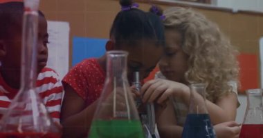 Çeşitli öğrenci grupları üzerinde finansal veri işleme animasyonu. eğitim ve öğrenme kavramı dijital olarak oluşturulmuş video.