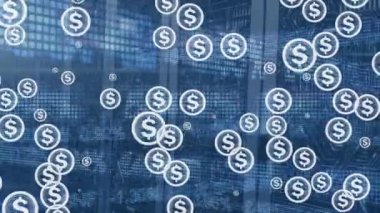 Sunucu odasında dolar sembollerinin animasyonu. küresel iş ve dijital arayüz kavramı dijital olarak oluşturulmuş video.