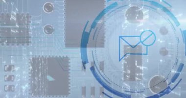 Animation of envelope icon over computing board. Social media and digital interface concept digitally generated video.