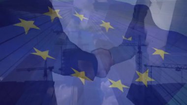 Şehrin üzerinde bayrak sallayan Avrupa Birliği 'nin animasyonu. Avrupa Birliği, siyasi ve ekonomik konsept dijital olarak üretilen video.