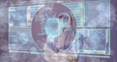 Coperid 19 hücresinin animasyonu ve beyaz takım elbiseli beyaz erkek sıhhiyecinin verileri. küresel covid 19 salgın, sağlık hizmetleri ve veri işleme konsepti dijital olarak oluşturulmuş video.