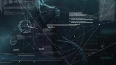 Animation of scientific data, dna and connections over black background. science, biology, connections and technology concept digitally generated video.