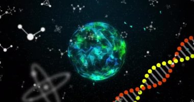Hareket eden 19 hücrenin animasyonu, küre, molekül ve DNA iplikçikleri dönüyor. küresel covid 19 salgın hastalık ve sağlık konsepti dijital olarak oluşturulmuş video.