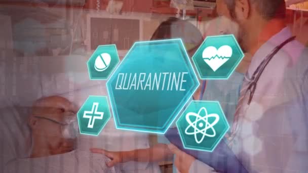 Animation Quarantine Icons Caucasian Female Male Doctors Patient Global Covid — Stock Video