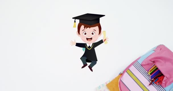 Animation Aufgeregter Schüler Und Bunter Bücher Die Sich Über Schulranzen — Stockvideo
