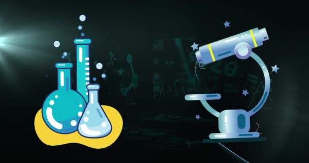 Animation Glasses Microscope Scientific Formulas Black Background Science Chemistry Laboratory — Stok Video