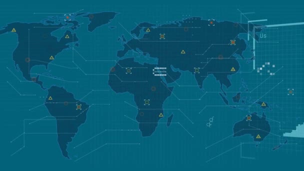 Animation Der Datenverarbeitung Mit Menschenporträts Über Der Weltkarte Auf Blauem — Stockvideo