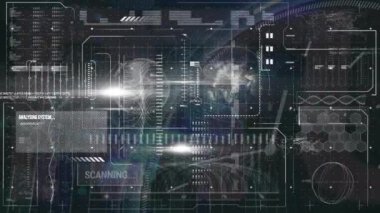 Veri işleme ile dijital arayüz, kara arkaplanda dünya haritasına karşı. bilgisayar arayüzü ve iş teknolojisi kavramı