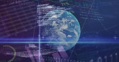 Animation of data processing over globe on dark background. global connections, data processing and digital interface concept digitally generated video.