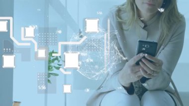 Animation of globe and connections over caucasian woman using smartphone. global technology, connection, digital interface and data processing concept digitally generated video.