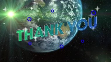 Teşekkür mesajında küre ve yıldızların animasyonu. Soyut arkaplan ve dijital arayüz kavramı dijital olarak oluşturulmuş video.