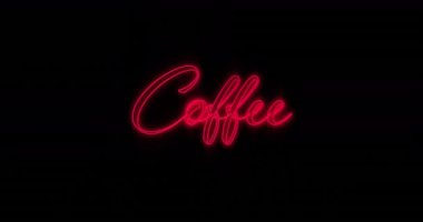 Siyah arkaplanda yanıp sönen kırmızı neon kahve metninin animasyonu. Retro renk ve iletişim konsepti dijital olarak oluşturulmuş video.