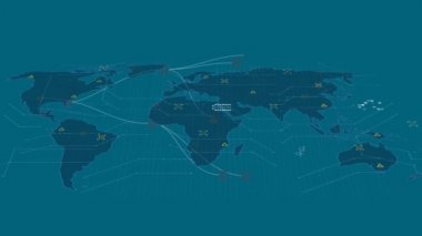 Mavi arkaplandaki dünya haritası üzerinden bağlantı ağının animasyonu. küresel teknoloji, bilgisayar ve dijital arayüz kavramı dijital olarak oluşturulmuş video.