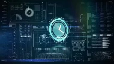 Donanma dijital ekranında çeşitli verilerin üzerinde hareket eden saatin animasyonu. zaman, veri işleme, teknoloji ve dijital arayüz kavramı dijital olarak oluşturulmuş video.