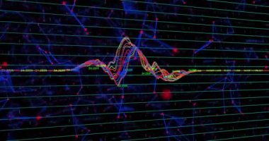 Siyah arkaplandaki bağlantı ağları üzerinden veri işleme animasyonu. küresel finansman, bilgisayar ve dijital arayüz kavramı dijital olarak oluşturulmuş video.