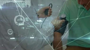 Kafkas erkek doktor ve hasta konuşmaları üzerinden bağlantı ağının animasyonu. küresel bilim ve dijital arayüz kavramı dijital olarak oluşturulmuş video.