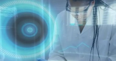 Animation of digital interface over laboratory. Global science, connections, data processing and digital interface concept digitally generated video.